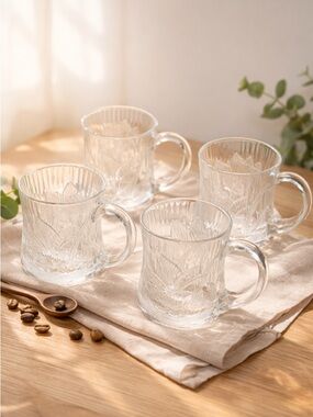 Vintage Floral Embossed Glass Coffee Mugs - Set of 4 retro cottage kitchen cups